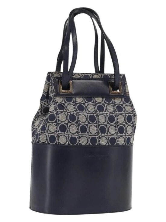Salvatore Ferragamo Handbags - Salvatore Ferragamo Gancini Shoulder Bag Canvas Navy Gold Auth BA10109